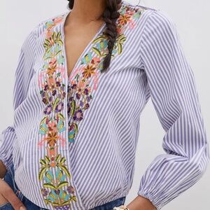 Anthropologie Artemis Embroidered Blue Striped Bohemian Xtra Small Wrap top